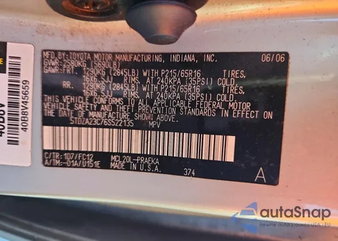 2006 Toyota Sienna Ce z USA, uszkodzony, nr VIN 5TDZA23C76S522135